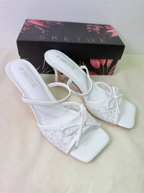 White Lace Bow Open-Toe Heeled Sandals for Women